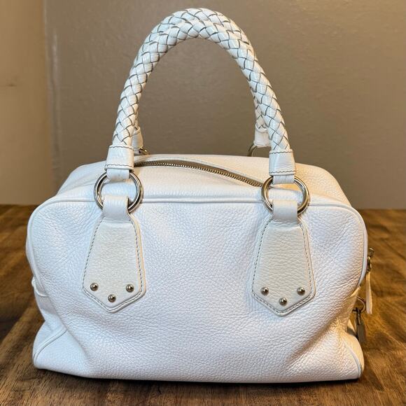 Prada Vitello Daino Handbag Pebbled Leather Braided Handle Zipper Lock Off-White - Picture 6 of 13